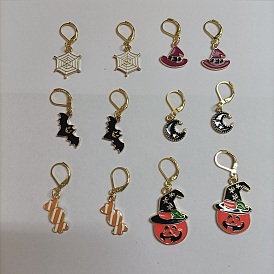 Halloween Thema Legierung Emaille Spinnennetz/Fledermaus/mit Hut Charm Verschlussstichmarker, goldfarben 304 Edelstahl-Karabinerverschluss-Schließstichmarkierer