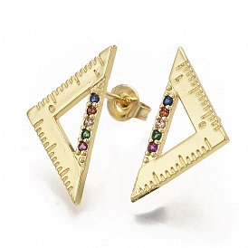 Brass Micro Pave Colorful Cubic Zirconia Stud Earrings, with Earring Backs, Triangle Ruler, Real 16K Gold Plated