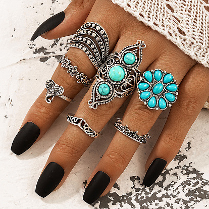 Boho Turquoise Elephant Geometric 7-Piece Silver Ring Set Jewelry Collection