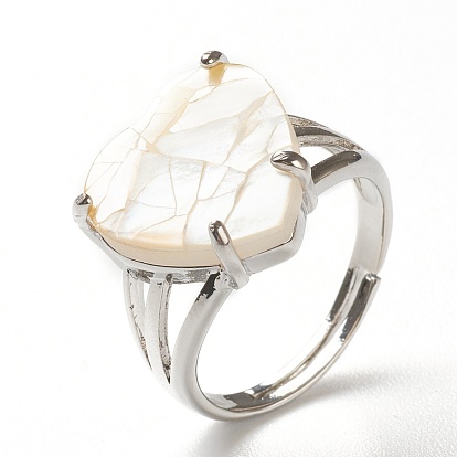 Adjustable Natural Shell Finger Rings, with Platinum Plated Brass Findings, Heart