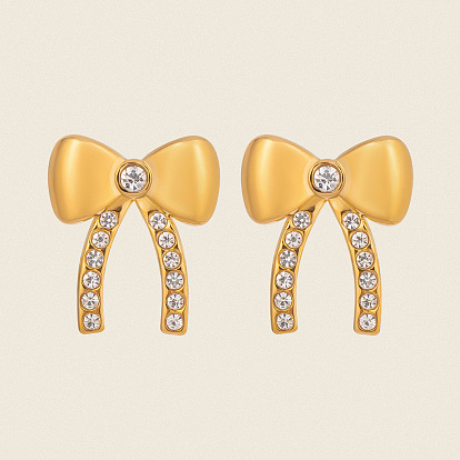 304 серьги-гвоздики из нержавеющей стали с бантом, со стразами