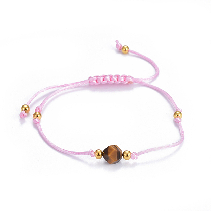 Adjustable Nylon Cord Braided Bead Bracelets, with Brass and Natural Tiger Eye Beads