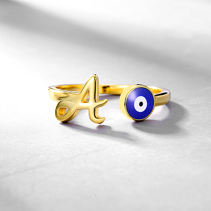 925 Anillo de puño abierto con letra A y ojo malvado esmaltado en plata esterlina