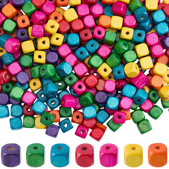 300Pcs Natural Wood Beads, Cube, Lead Free, Dyed