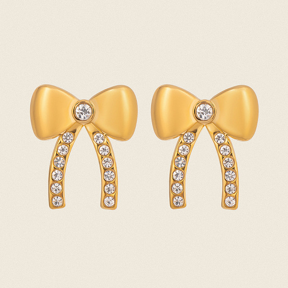 304 серьги-гвоздики из нержавеющей стали с бантом, со стразами