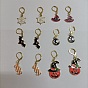 Halloween Theme Alloy Enamel Spider Web/Bat/Wicth Hat Charm Locking Stitch Markers, Golden Tone 304 Stainless Steel Lobster Claw Clasp Locking Stitch Marker