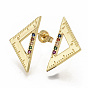 Brass Micro Pave Colorful Cubic Zirconia Stud Earrings, with Earring Backs, Triangle Ruler, Real 16K Gold Plated