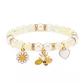 Acrylic Imitation Pearl Stretch Bracelet, Alloy Enamel Bee Heart Sunflower Charms Bracelet for Women
