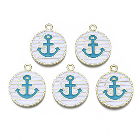 Alloy Enamel Pendants, Flat Round with Anchor, Light Gold