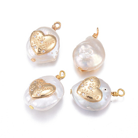Natural Cultured Freshwater Pearl Pendants, with Brass Micro Pave Cubic Zirconia Findings, Nuggets, Heart with Dog Footprints, Golden
