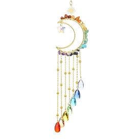 Teardrop Glass Pendant Decoration, Hanging Suncatchers, with Ring 304 Stainless Steel Finding, Brass Finding & Chakra Gemstone Chip Beads