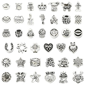 40 шт. европейские бусины из сплава в тибетском стиле, бусины с большим отверстием, разнообразные