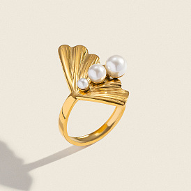 304 Stainless Steel Cuff Open Rings for Women, Fan, with Imitation Pearls