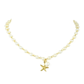 304 Stainless Steel Starfish Charms Necklace, ABS Imitation Pearl for Women