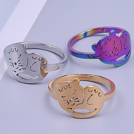 Stainless Steel Hollow Out Cat Adjustable Ring for Women