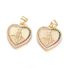 Brass Micro Pave Cubic Zirconia Pendants, Long-Lasting Plated, Heart with Virgin Mary