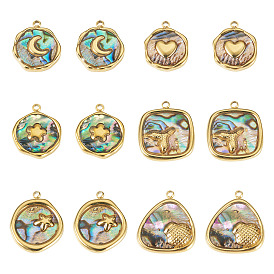 12Pcs 6 Styles 304 Stainless Steel Pave Natural Paua Shell Pendants, Flat Round Charms, Real 18K Gold Plated