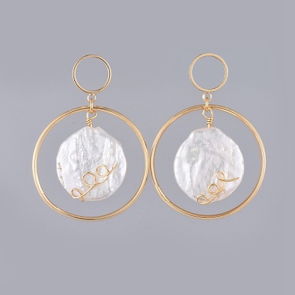 Dangle Earrings, with Natural Baroque Pearl Keshi Pearl, Brass Findings, Rubber Ear Nuts and Cardboard Jewelry Set Boxes