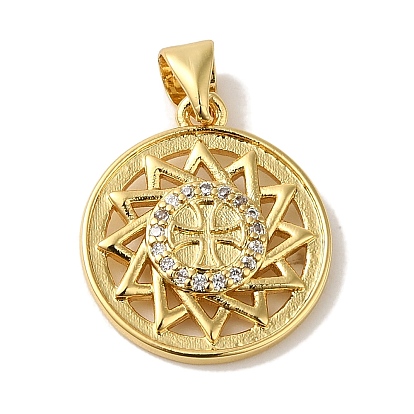 Rack Plating Brass Micro Pave Clear Cubic Zirconia Pendants, Cadmium Free & Lead Free, Long-Lasting Plated, Flat Round with Sun