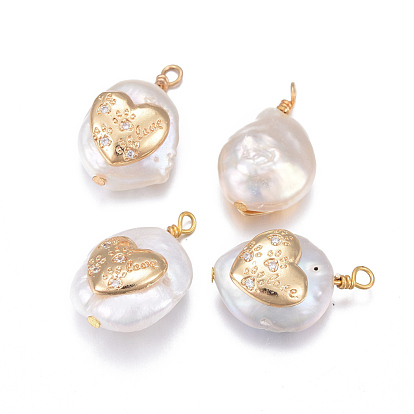 Natural Cultured Freshwater Pearl Pendants, with Brass Micro Pave Cubic Zirconia Findings, Nuggets, Heart with Dog Footprints, Golden