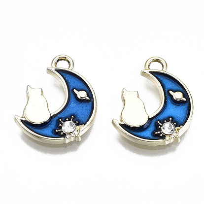 Alloy Enamel Pendants, with Rhinestone with Glitter Powder, Cadmium Free & Lead Free, Moon with Cat, Light Gold
