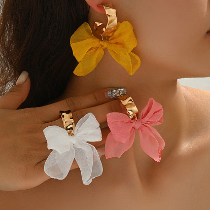 Висячие серьги-гвоздики из латуни и ткани, бантом, золотые