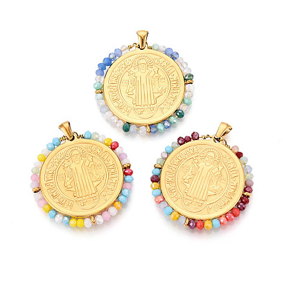 304 подвески из нержавеющей стали, плоские круглые с святым Бенедиктом, со стеклянными бусинами, ионное покрытие (ip), реальный 18 k позолоченный, граненые