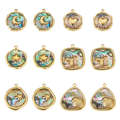 12Pcs 6 Styles 304 Stainless Steel Pave Natural Paua Shell Pendants, Flat Round Charms, Real 18K Gold Plated