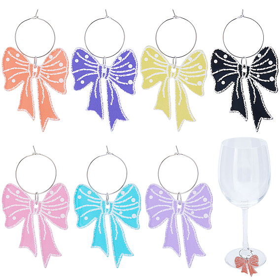 7 шт. 7 цветные подвески-бантики для бокалов из акрила, с латунными кольцами-подвесками для бокалов вина, платина