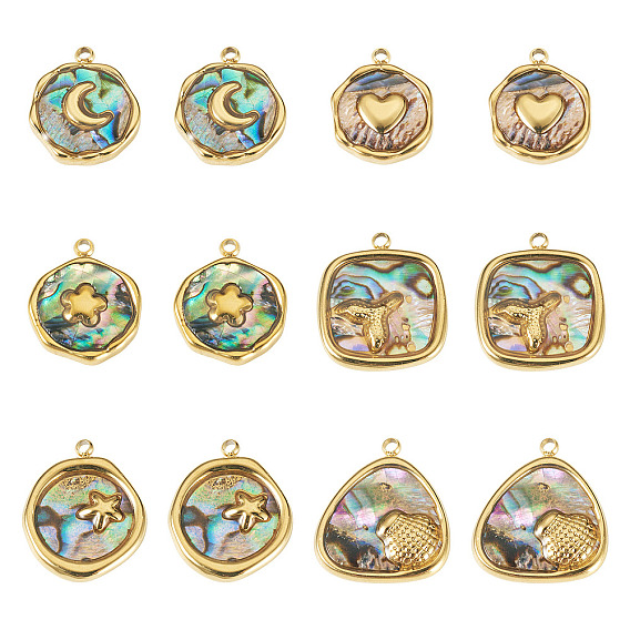 12Pcs 6 Styles 304 Stainless Steel Pave Natural Paua Shell Pendants, Flat Round Charms, Real 18K Gold Plated