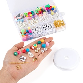 DIY Bracelet Jewelry Making Kits, 345Pcs Flower & Geometry Polymer Clay & Imitation Pearl Acrylic Beads, Zinc Alloy Lobster Claw Clasps & Elastic Crystal Thread and Iron Findings