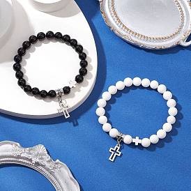 2шт. браслеты из круглых бусин натурального обсидиана и нефрита машан, Браслеты-кресты из сплава в тибетском стиле для женщин и мужчин