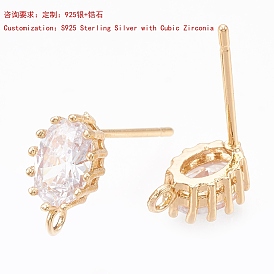 925 Sterling Silver Pave Clear Cubic Zirconia Stud Oval Earring Findings, with Loops