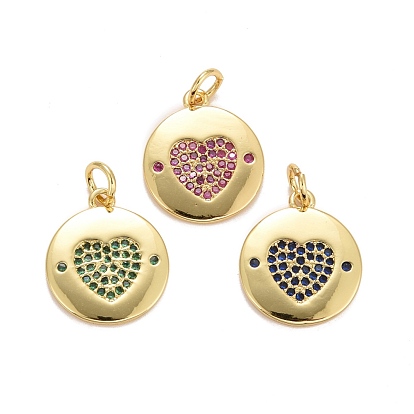 Cubic Zirconia Pendants, with Rack Plating Real 18K Gold Plated Brass Findings, with Jump Rings, Long-Lasting Plated, Lead Free & Cadmium Free, Round