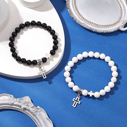 2шт. браслеты из круглых бусин натурального обсидиана и нефрита машан, Браслеты-кресты из сплава в тибетском стиле для женщин и мужчин