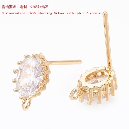 925 Sterling Silver Pave Clear Cubic Zirconia Stud Oval Earring Findings, with Loops