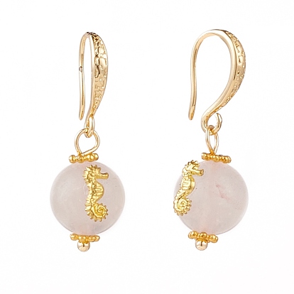 Natural Rose Quartz Dangle Earrings, with Brass Earring Hooks, Alloy Cabochons and Spacer Beads, Round with Sea Horse, Golden