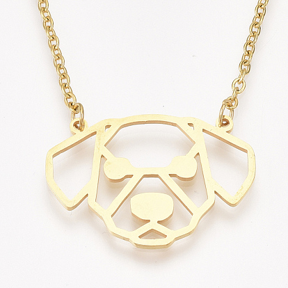 201 Stainless Steel Puppy Pendant Necklaces, with Cable Chains, Filigree Dog Head