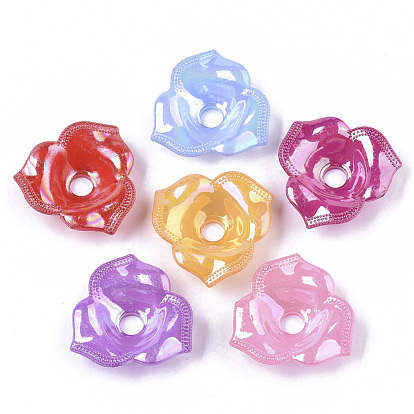 Opaque AS Plastic Bead Caps, Plated AB Color, Pearlized, 3-Petal, Flower