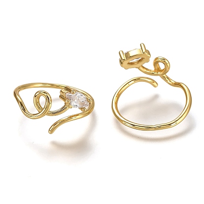 Brass Cuff Rings, Open Rings, with Clear Cubic Zirconia, Long-Lasting Plated, Horse Eye