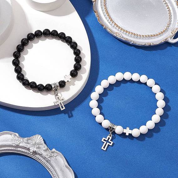 2шт. браслеты из круглых бусин натурального обсидиана и нефрита машан, Браслеты-кресты из сплава в тибетском стиле для женщин и мужчин