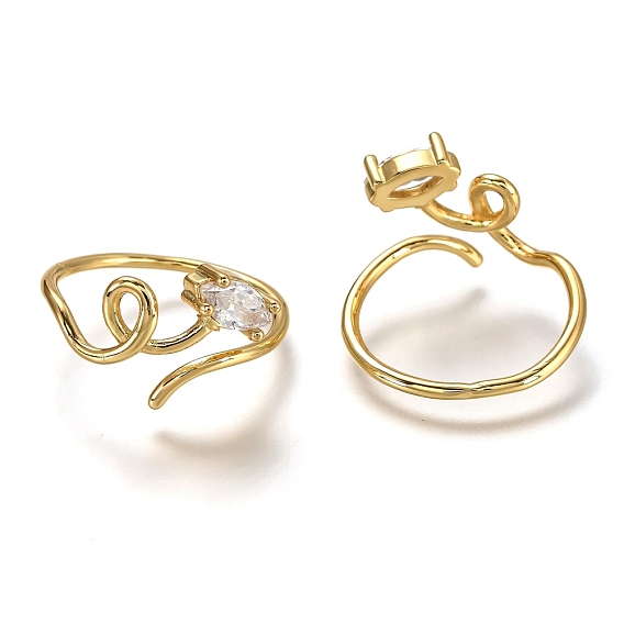 Brass Cuff Rings, Open Rings, with Clear Cubic Zirconia, Long-Lasting Plated, Horse Eye