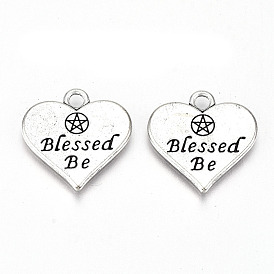 Tibetan Style Alloy Pendants, Lead Free & Cadmium Free, Heart with Word Blessed Be & Pentacle
