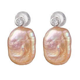 Natural Pearl Ear Studs, with Sterling Silver Micro Pave Clear Cubic Zirconia Findings, Oval, PeachPuff