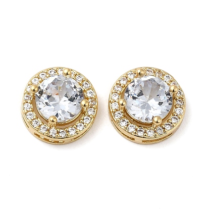 Brass Micro Pave Cubic Zirconia Beads, with Glass, Flat Round