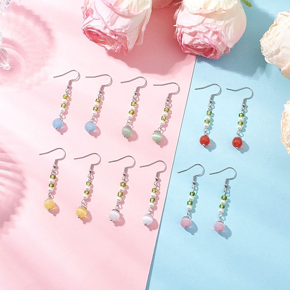 Глаза кота болтаться серьги, круглые, со стеклом и ракушечным жемчугом, платина