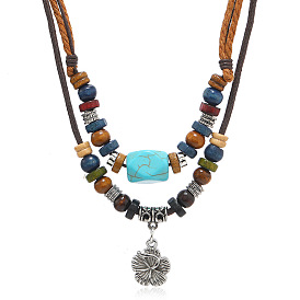 Bohemian Style Synthetic  Turquoise & Wood Bead Necklaces, Vintage Alloy Flower Pendant Necklace, Adjustable 2-layered Jewelry for Women