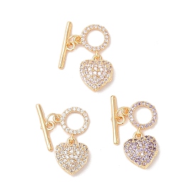 Brass Micro Pave Cubic Zirconia Toggle Clasps, Heart, Golden