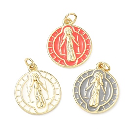 Латунь эмаль подвески, плоский круглый с подвесками Девы Марии, долговечный, стойки покрытие, без свинца и без кадмия, реальный 18 k позолоченный