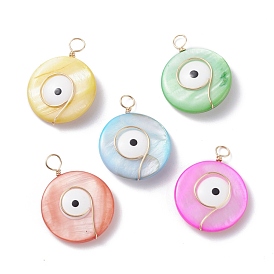 Natural Freshwater Shell Pendants, with Real 18K Gold Plated Eco-Friendly Copper Wire, Flat Round with Evil Eye